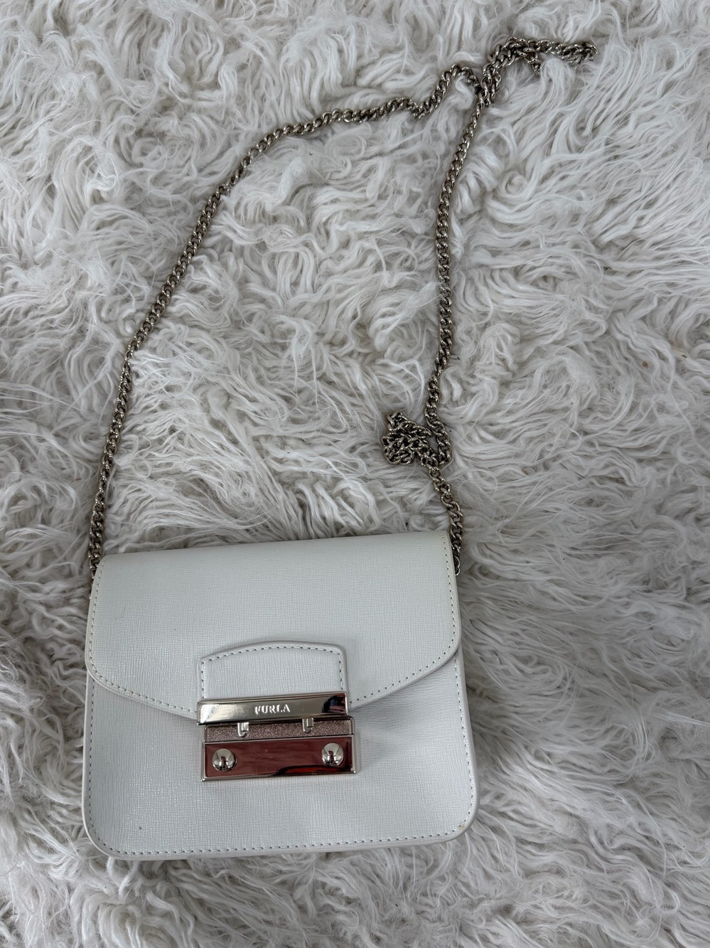 Furla Mini Julia White Leather Crossbody with Silver Chain Bag